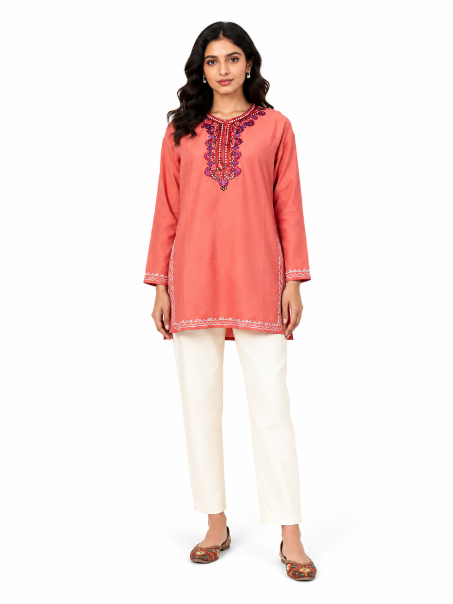 Noor : Aari embroidery summer kurti | Rose Pink